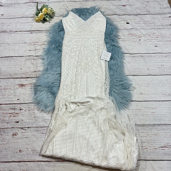 Lulu's Cherished Vow White Beaded Backless Mermaid Maxi Wedding Dress - Picture 2 of 10